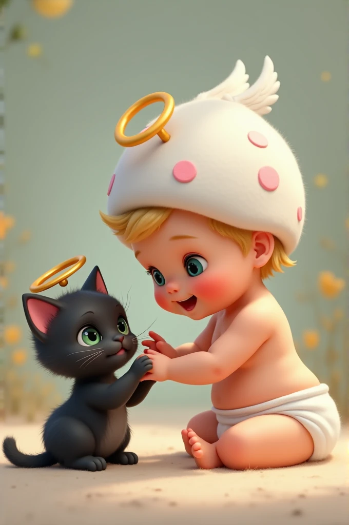 A real picture where on the right side there is a happy three-month-old baby, with a white cap with pink medium dots and an angel earring on top, He is white skinned , She has blonde hair, blue eyes, nose gleaned ,a white diaper looking down.
On the left side a small black cat with an angel ring on her head , with green eyes playing with the girl.