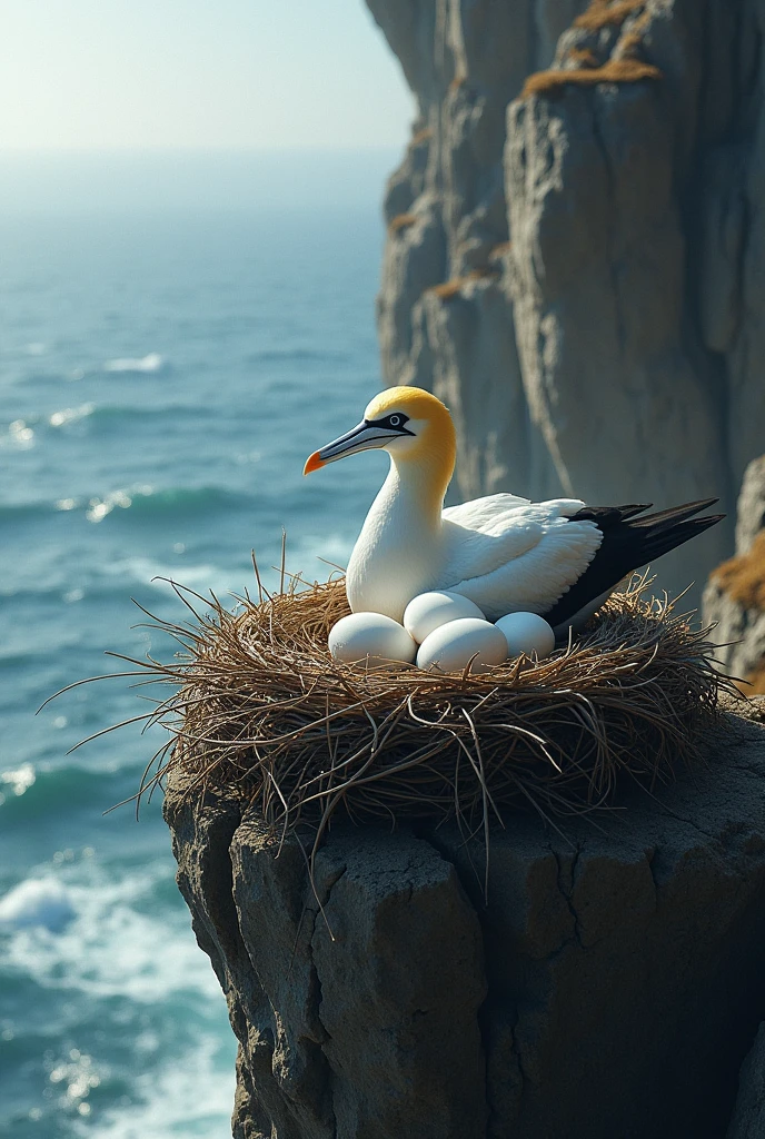 A gannet brooding her eggs in her nest on a cliff