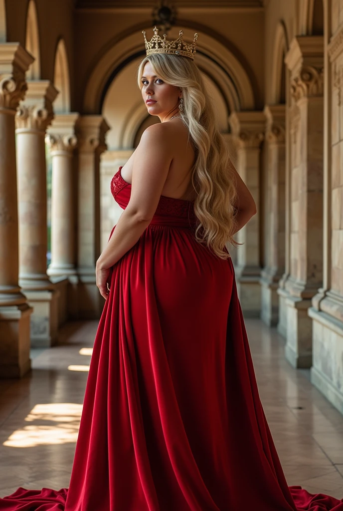 A photo of a 50-year-old woman with a large and full chest, wearing a bikini. She has long blonde hair and a crown. She also wears a red robe. The background looks like a luxurious corridor with arched windows, stone pillars and intricate carvings.