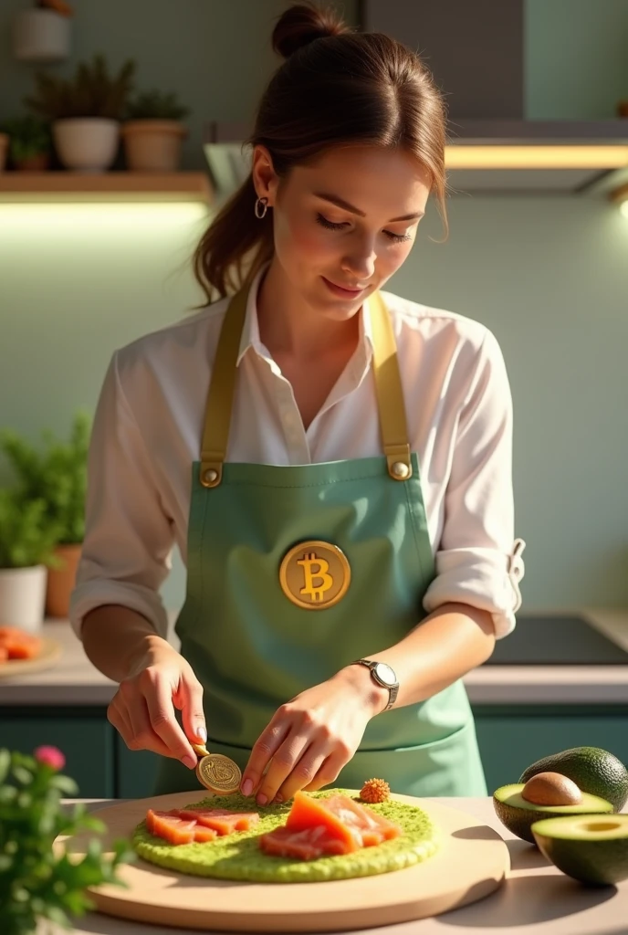 def create_bitcoin_avocado_prompt(woman, color_scheme, lighting, textures):
return (f"Visualize {woman}, a sophisticated culinary influencer, preparing 'Bitcoin Avocado Delight'. "
f"She is in a modern kitchen, wearing an apron with bitcoin symbols, surrounded by fresh ingredients "
f"including avocados and salmon. The scene uses a {color_scheme} palette of light green, pink, and gold, "
f"with bright, natural {lighting}. Her surroundings are sleek, with smooth textures like silk and polished metal, "
f"contrasting with the organic textures of food. Bitcoin chips glint in the light as she finishes the dish.")
bitcoin_avocado_prompt = create_bitcoin_avocado_prompt(
"a modern and elegant woman",
"light green (#A8E6CF), pink (#FFB6B9), and gold (#FFD700)",
"bright, natural lighting",
"silk, polished metal, and organic food textures"
)