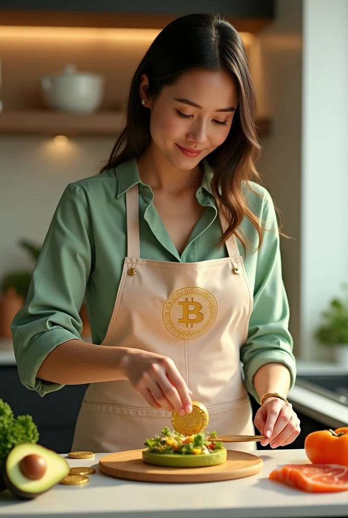def create_bitcoin_avocado_prompt(woman, color_scheme, lighting, textures):
return (f"Visualize {woman}, a sophisticated culinary influencer, preparing 'Bitcoin Avocado Delight'. "
f"She is in a modern kitchen, wearing an apron with bitcoin symbols, surrounded by fresh ingredients "
f"including avocados and salmon. The scene uses a {color_scheme} palette of light green, pink, and gold, "
f"with bright, natural {lighting}. Her surroundings are sleek, with smooth textures like silk and polished metal, "
f"contrasting with the organic textures of food. Bitcoin chips glint in the light as she finishes the dish.")
bitcoin_avocado_prompt = create_bitcoin_avocado_prompt(
"a modern and elegant woman",
"light green (#A8E6CF), pink (#FFB6B9), and gold (#FFD700)",
"bright, natural lighting",
"silk, polished metal, and organic food textures"
)
