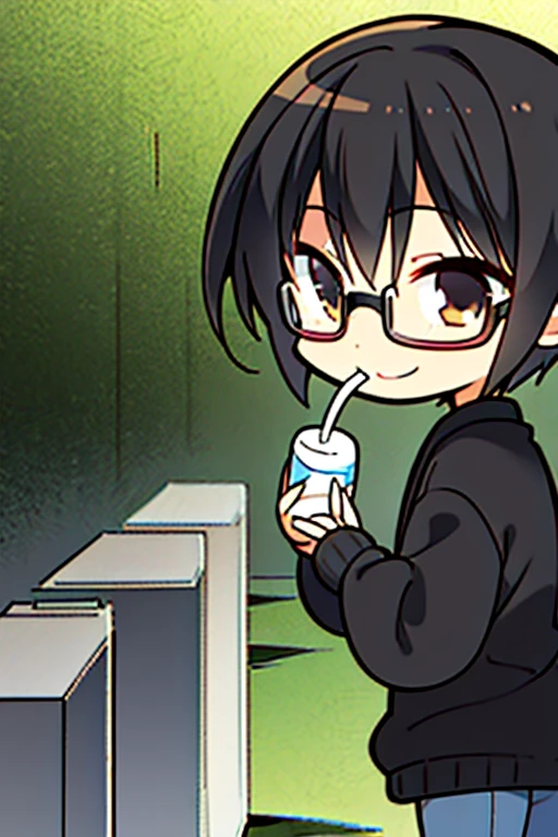 Perfect face. Perfect hands. A black haired boy with light brown eyes and short hair and glasses in a sweatshirt and jeans is drinking juice in the cemetery with a big smile
