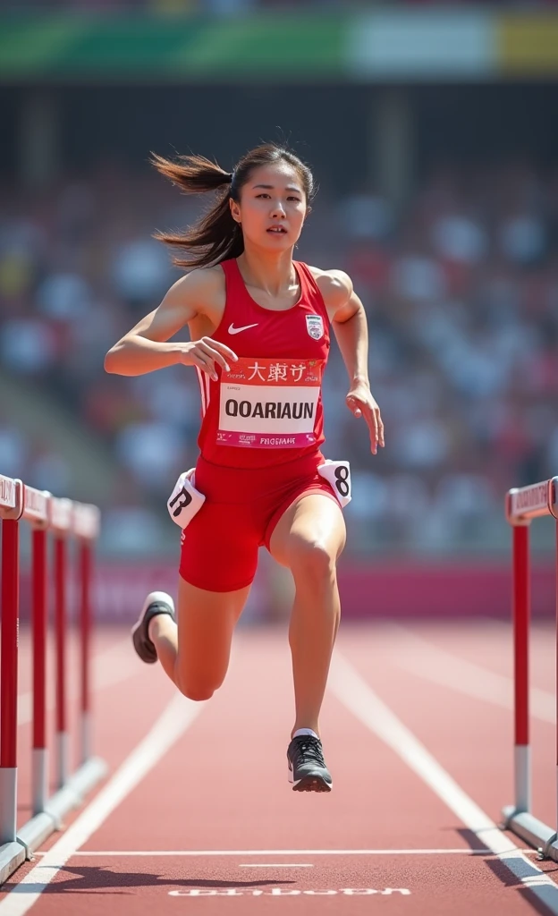 Ultra-high resolution,High-resolution details,Olympic Women's 100m Final,Red clothing,full-body shot,Panoramic vistas,Wide Angle,Lenses,20-year-old Korean girl,cute,Fair skin,The facial features are delicate,Super pretty face,Try your best to jump over the hurdles,Large range of motion,(Players from all over the world compete on the same field),exaggerate,Stimulate,The picture is super beautiful,Olympic Games background,Full audience,The atmosphere was enthusiastic and high