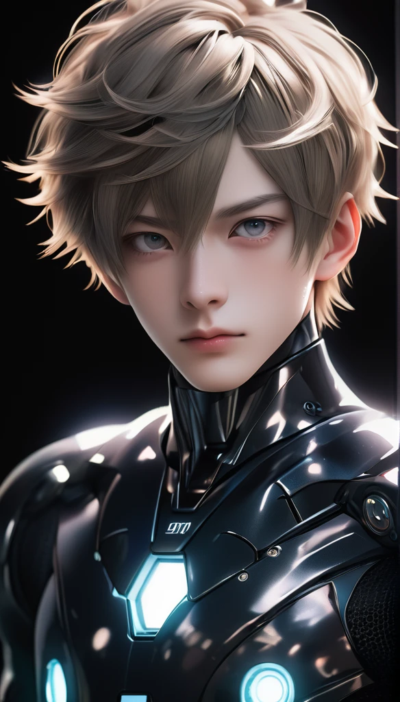 Meticulous, analog style, focus on the eyes, highest quality, (highly detailed skin), photo of very handsome pale skin Japanese boy, 2, (cyber suit), perfect face, pore skin, (penetration:0.5), black background, (bokeh:0.6), sharp focus, grainy lighting, (backlight:0.7), film grain, photographed with Sony A7R IV camera, 18mm F/1.7 cine lens, (highly detailed, intricate detail), 8k, HDR, front view, (full body: 0.9)