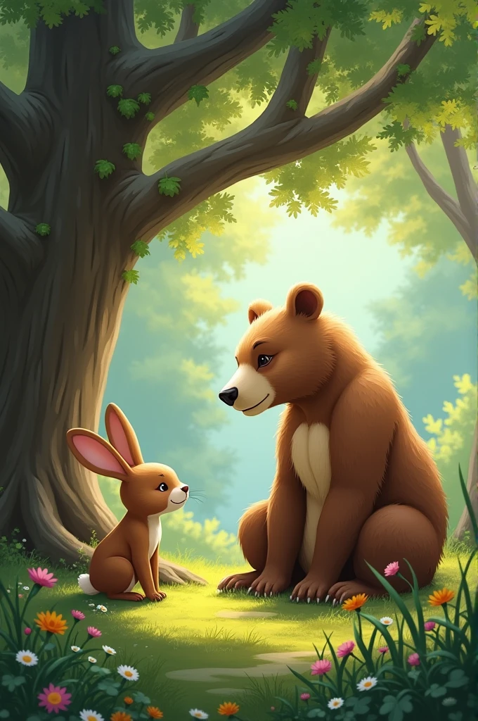 2: image: Rabbit met Bear sitting under the tree