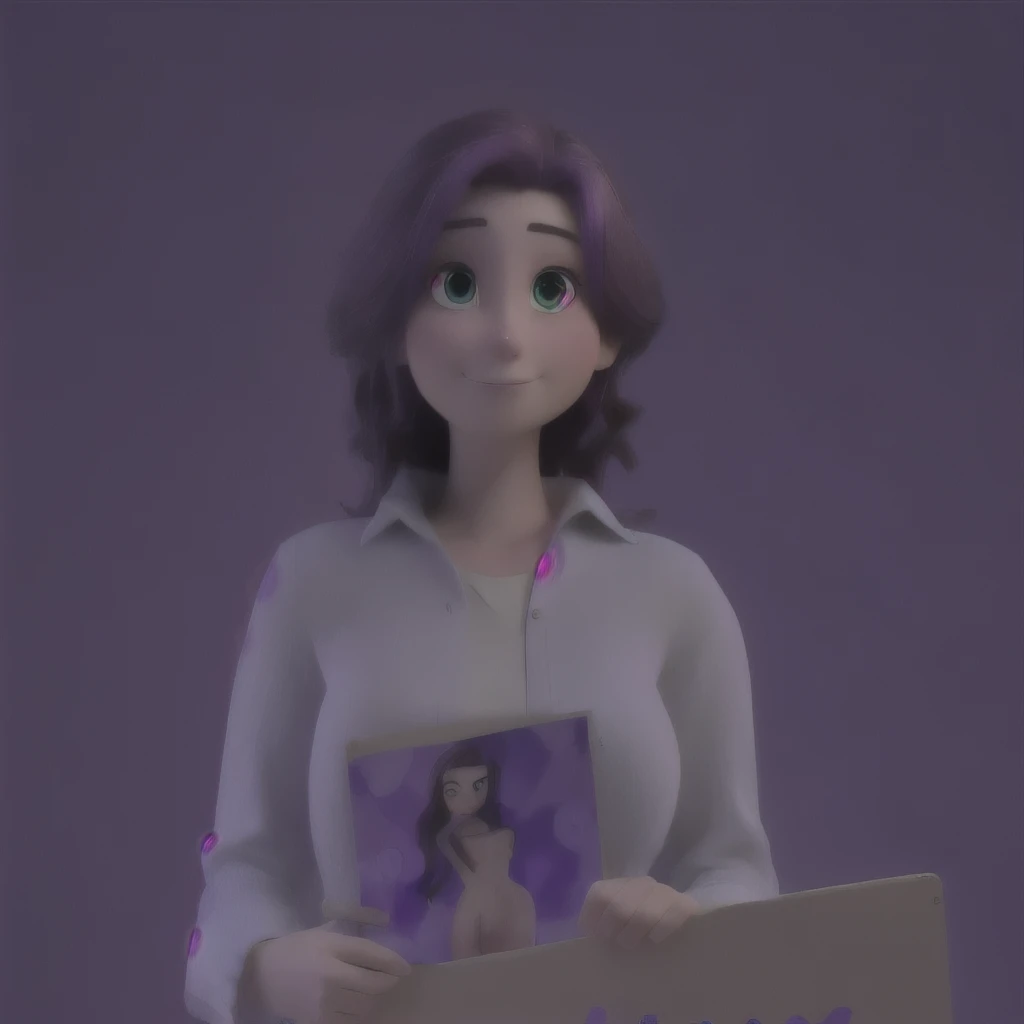woman holding a sign that says Nude in front of a purple background, chestnut hair, ONLY HALF THE BODY, Pixar-style