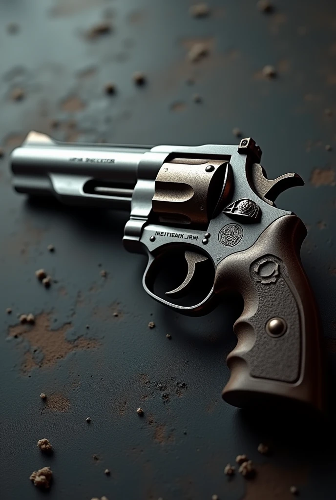 Create an image of a number 44 Create an image of a 44 caliber gun in allusion to 44 years of anniversary specifying the number 44 of the caliber and the age, remembering show the number 44 of the caliber and age