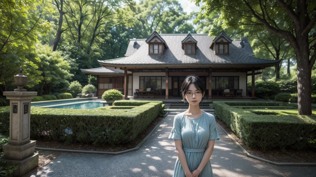 "Photorealistic, (wide angle, high realism, single couple only), a young Japanese woman wearing glasses and a sky-blue backless dress, hugging a 40-year-old Japanese man, both standing together in front of the closed front door of a house, the woman’s arms wrapped around him affectionately, the man with short black hair, wearing a casual outfit, they are standing on a stone pathway in front of the house, surrounded by lush greenery, sunlight filtering through the trees, cozy garden setting, no other figures present, hyperrealistic, high detailed official artwork, warm color tones, vivid colors, serene atmosphere, 8k and 4k resolution."
