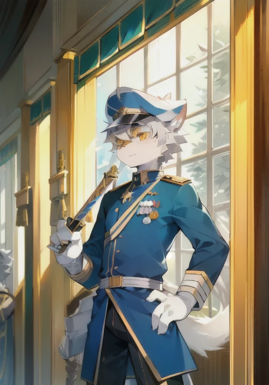 White male cat，boys，Handsome，Silver Hair，Detailed background，，Golden Eyes，military uniform，Wearing a lot of medals，serious，Upright，Wearing a military cap，With a saber
