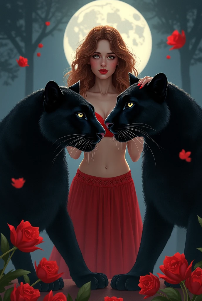 two beautiful and mysterious black panthers staring at each other with a piercing gaze one night. in the middle of them, Aphrodite, the mythological goddess of beauty and love. quero que Aphrodite esteja em sua versão mais intensa, passionate, sensuous, angelic and charismatic! quero Aphrodite em sua versão original, looking mythological even. quero que Aphrodite esteja acariciando as panteras e quero as panteras bem penetrantes, but looking forward. I want there to be red roses and red tulips scattered in the air, but mainly on the floor. tanto Aphrodite quanto as panteras precisam estar numa versão mais intimidadora. Aphrodite e as panteras tem que estar de pé. Aphrodite tem que estar com cabelos castanhos e lisos, eyes browns, rosy cheek and red mouth. Aphrodite tem que estar com unhas vermelhas.