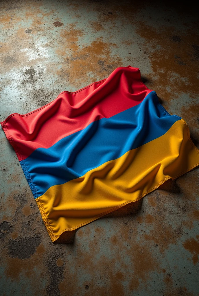  red,blue,yellow armenian flag on the floor with dirty brown stains.