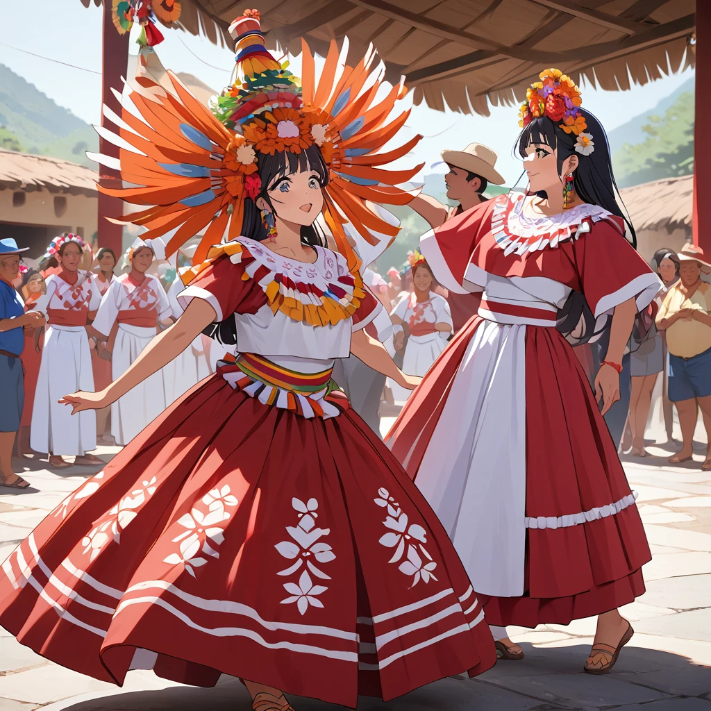 ((Highest quality)), ((masterpiece)), (detailed), （Perfect Face）、The woman is Reika Aoki with semi-long hair、A woman is dancing in a Guelaguetza costume in Guelaguetza, Mexico