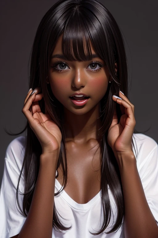 one girl, (((Open your mouth)))、Put your hand over your mouth、Beautiful breasts、 Brown eyes, ((Gal Hairstyles)) blonde, girl, (Eye and facial details:1.0), break, (masterpiece, Highest quality, Very detailed, Detailed face, 8k),( dark skin:1.95 )