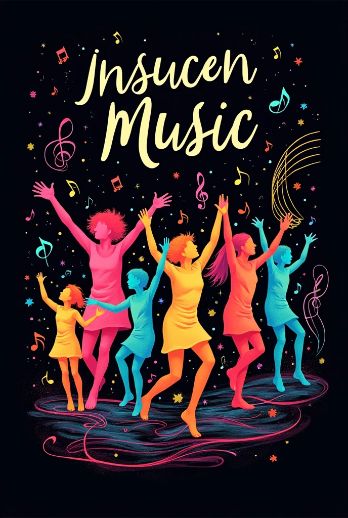 Create an image with a main title that says "trust you" and a slogan "living expression of childhood"; accompanied by images such as musical notes and dancing bodies, on a black background