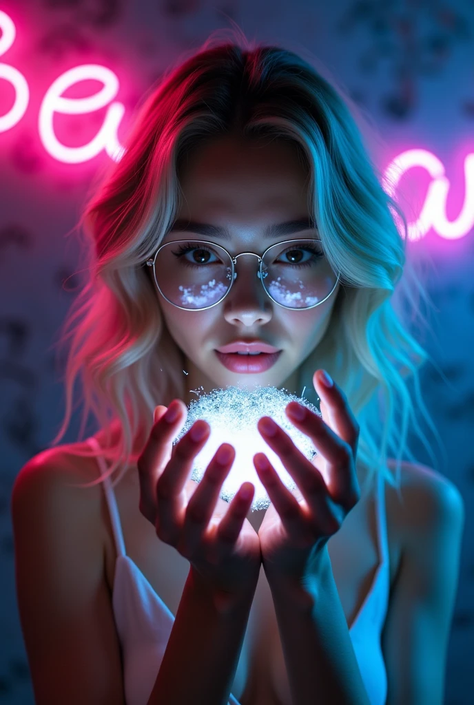 A portrait of a Khazakstan beautiful young woman holds light particles in front of her face in very dark room with both hands and show it to the viewer, in front of a dark grey wall with the words "Sea-Art" written in neon behind her, Word Sea in pink color neon and word Art in blue color neon. (Create a bright pink and blue ambience light in a room). She is wearing a white low cut camisole, titanium frame round glasses, (light particles reflecting on the glasses), (she's looking at the light particles and smile), slender body, sexy body, indoor, light blond long wavy hair, sexy moist lips, beautiful brown eyes. Highly detailed, intricate detailed, ultra sharp focus, (low contrast), dreamy, close up photo, pink and blue ambience neon light from left and right
