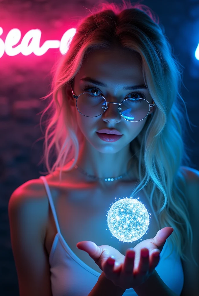 A portrait of a Khazakstan beautiful young woman holds light particles in front of her face in very dark room with both hands and show it to the viewer, in front of a dark grey wall with the words "Sea-Art" written in neon behind her, Word Sea in pink color neon and word Art in blue color neon. (Create a bright pink and blue ambience light in a room). She is wearing a white low cut camisole, titanium frame round glasses, (light particles reflecting on the glasses), (she's looking at the light particles and smile), slender body, sexy body, indoor, light blond long wavy hair, sexy moist lips, beautiful brown eyes. Highly detailed, intricate detailed, ultra sharp focus, (low contrast), dreamy, close up photo, pink and blue ambience neon light from left and right
