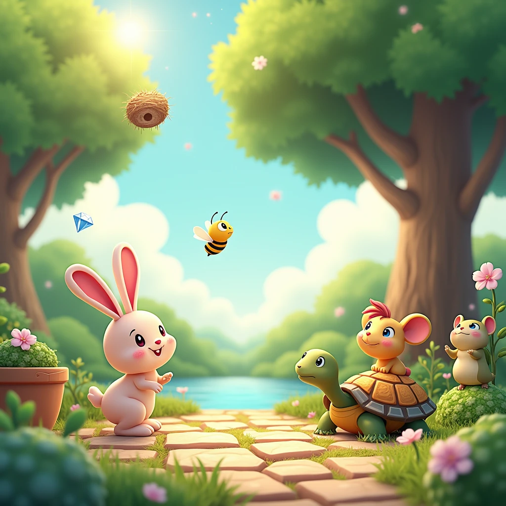 sunny day, beautiful garden with square pebble stones, bird nest on the tree and a square flower pot under the tree, diamond by the pond, bunny and turtle cheer to the bee in the sky, frog and little mouse staring at the sun
