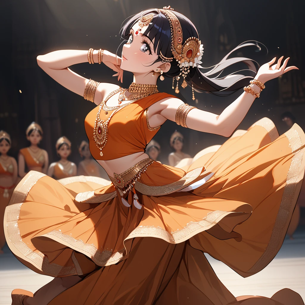 ((Highest quality)), ((masterpiece)), (detailed), (Perfect Face)、The woman is Reika Aoki with semi-long hair、A woman is dancing Bharatanatyam in Bharatanatyam costume in India