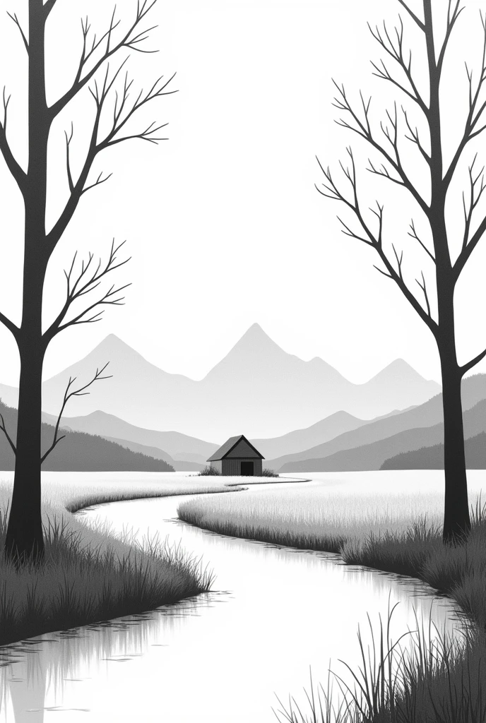 Landscape with a country house , trees, a river, mountains in the background, only outline of the drawing, black and white