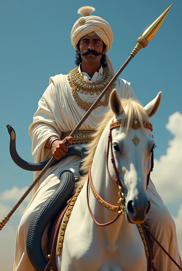 Create an image of Tejaji Maharaj with a traditional and decorative Rajasthani turban on his head. He should have a shining spear in his hand which is shiny and impressive. Tejaji Maharaj is wearing white clothes, which shows his royal dignity. They have white, shiny shoes on their feet. He should ride on a white horse, which shows his bravery and valor.He has only mustaches on his face, which shows his strength and courage. The background should have a blue sky, giving the picture an open and spacious perspective.

A black snake strikes Tejaji Maharaj's spear and bites Tejaji's mouth.