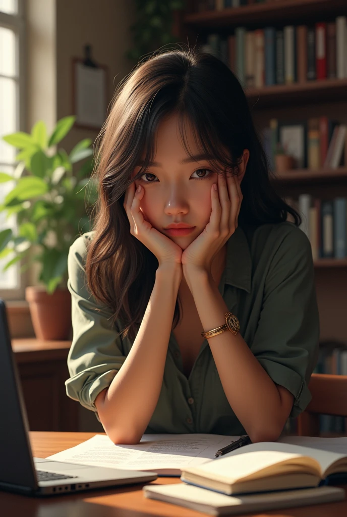 A student who is very serious about her studies makes her a little sad, but she has friends.
