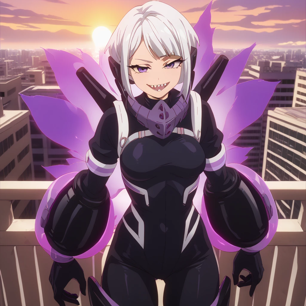 (NSFW) Detailed, best quality, 1 female, big arms, purple aura, cowboy shot, big , MHA style, black body suit, heavy artillery suit, gloves, white hair, bowl cut hair style, hair spiking, purple eyes, fully lidded eyes, evil eyes, large open smile, sharp teeth, stocky, very muscular, balcony, city background, beautiful sunset sky