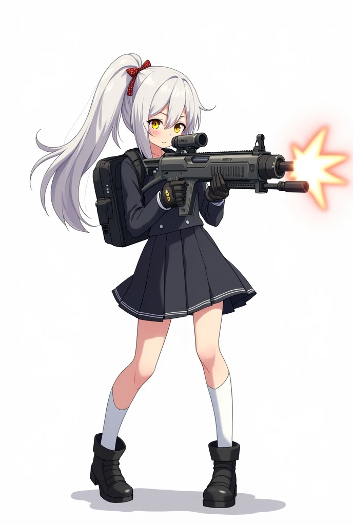 Medium-height anime girl, long white ponytail tail hair, yellow eye, calm face, aiming a futuristic Light machine gun, wearing a black school uniform, short skirt, long white socks, cute black backpack, tactical gloves, tactical boots. Manga art style with white background
