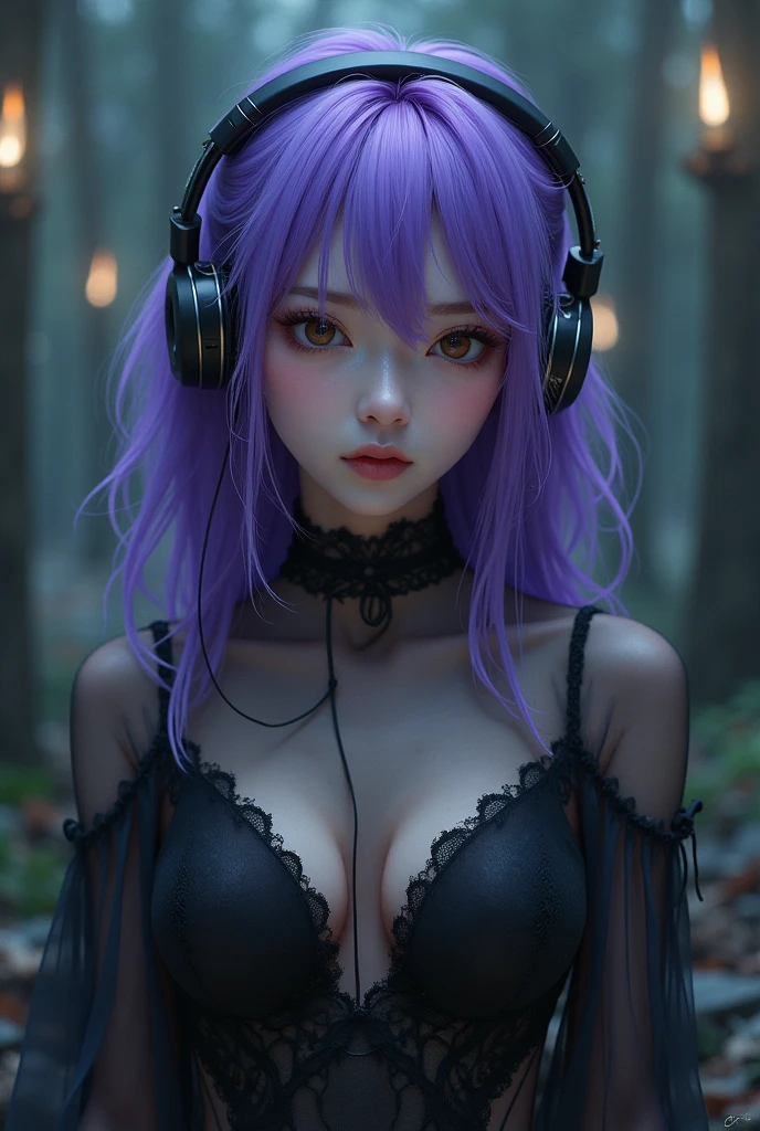 Korean purple hair butterfly woman with headphone and black transparent clothes funeral funeral background 