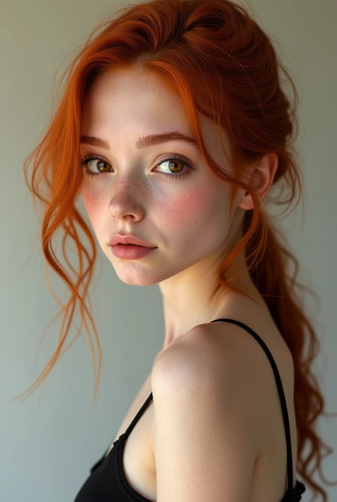 Young photorealistic redhead teenager with brown eyes, slim body and perky ass 