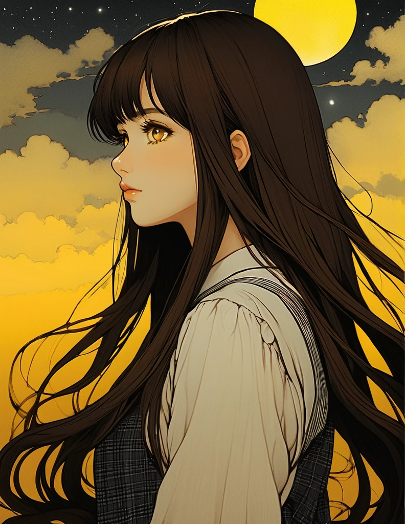 Vintage,junji ito style,sleeved,no bubbles,dark atmospher,yellow fog,inert girl,girl profile,brown eyes, fair skin,brown hair long hair,social clothes,Youngh,moonlight background,eyes in the background