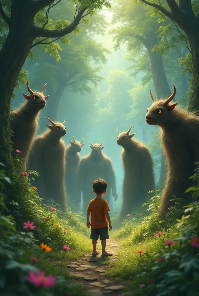 A boy falls into another world of lush nature. He stands in the middle of 7 ugly people.