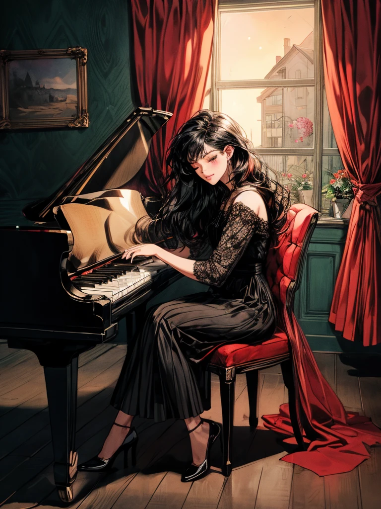 beautiful woman(((full body))), ((background house)), (best quality), 1girl, solo A room with glass windows, curtains, a young woman with long black hair, red hair , eyes closed, sitting on a chair, Using her two slender, beautiful hands to play the piano, There are flowers, flower pots, a table, a wine glass, a wine bottle, a lamp, a black cat, Outside the window, there is a dark sky and stars.