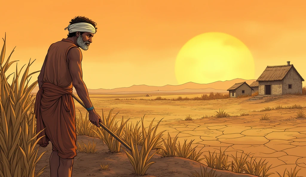 The story of Farmer Dhruv begins: Comic style. The scene shifts to a small village with a backdrop of parched, cracked soil under a scorching sun. Farmer Dhruv, a middle-aged man with short brown hair and a weathered face, works diligently in his field, dressed in simple brown clothes with a white cloth around his head. The surrounding area shows wilted crops and a dry landscape, reflecting the severity of the drought. In the distance, the village houses are small and modest, emphasizing the hardship faced by the villagers.