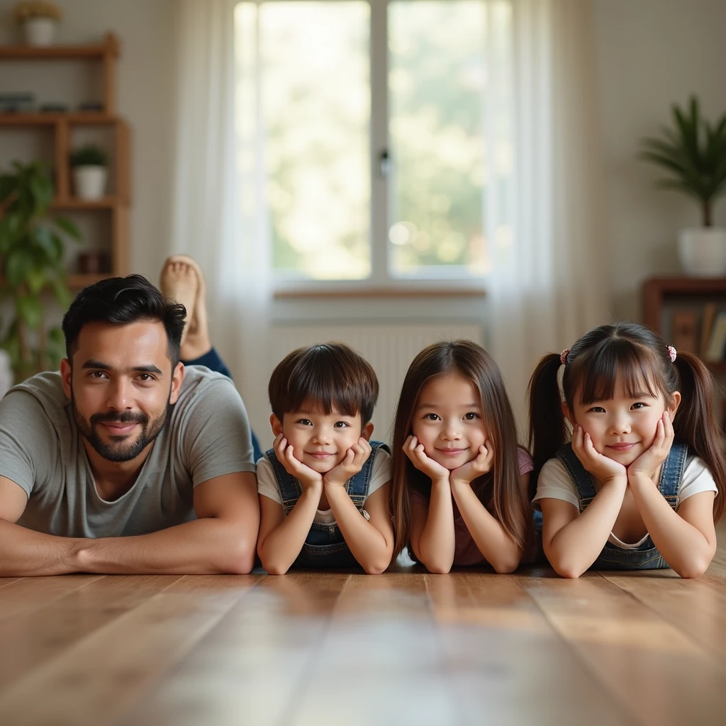 ((Ultra-realistic photos, ultra-high quality, 8k)),
Happy scene, family group photo, Asia, full shot,4 people,
The father, mother, son and daughter lie face down, resting on their hands and resting on their chins, lying in a row,
Father, 1man, 45 yo, short-sleeved shirt, pants, long, leather shoes,
Son1boy,, Short hair
Mother, 1woman,long hair, 35yo, dress,
Daughter, 8yoong hair, overalls,
Everyone was lying on the living room floor, during the day, looking straight ahead,