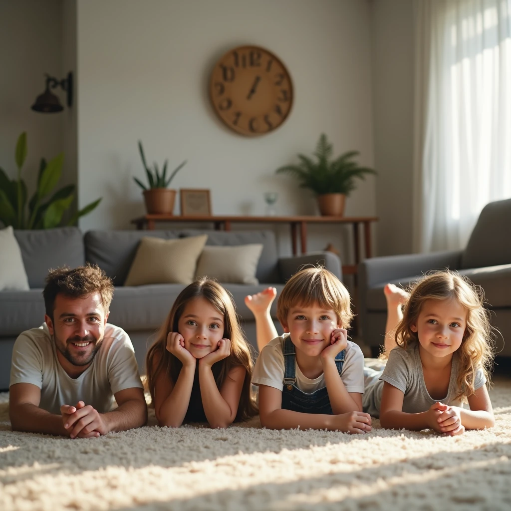 ((Ultra-realistic photos, ultra-high quality, 8k)),
Happy scene, family group photo, Asia, full shot,4 people,
The father, mother, son and daughter lie face down, resting on their hands and resting on their chins, lying in a row,
Father, 1man, 45 yo, short-sleeved shirt, pants, long, leather shoes,
Son1boy,, Short hair
Mother, 1woman,long hair, 35yo, dress,
Daughter, 8yoong hair, overalls,
Everyone was lying on the living room floor, during the day, looking straight ahead,
