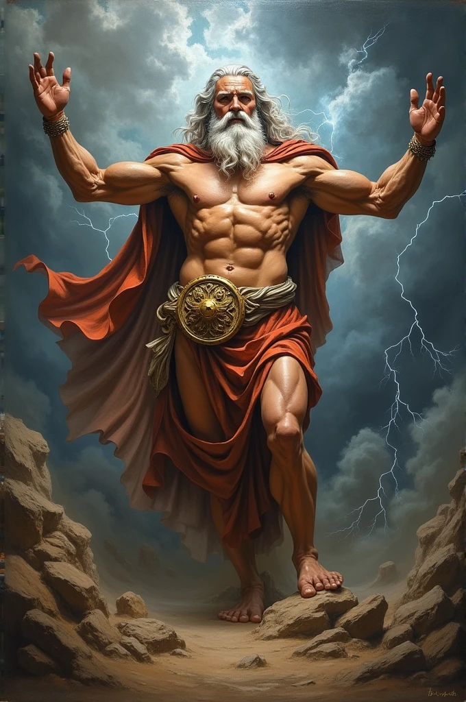 A rough oil painting of a praising Zeus