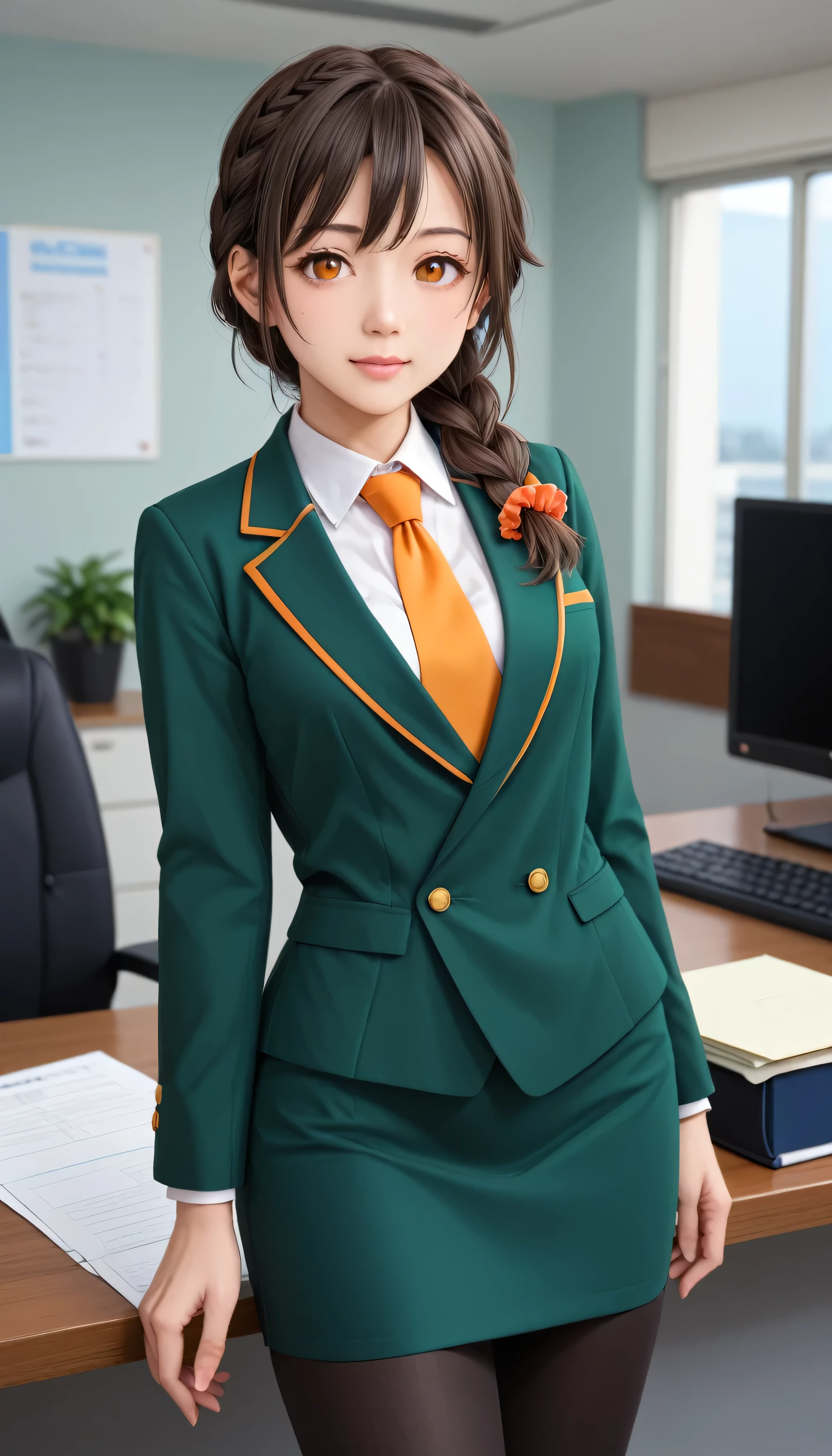 score_9, score_8_up, score_7_up, source_anime, best quality, masterpiece, office,
human, solo, sosenkawa chihiro, cosChihhi, brown hair, orange eyes, side braid, red scrunchie, green jacket, black pantyhose,  black pencil skirt, yellow necktie, three-piece suit, blazer, waistcoat, double-breasted suit jacket
