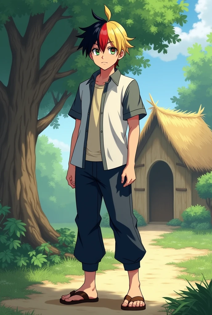 a 16-years-old fantasy anime handsome boy with short and tidy "some blonde and some black hair with a little much red hair" . Shiny green eyes that have red halo around the pupils. White shirt with gray short sleeves and black edges, cream colored t-shirt underneath. The buttons are closed. Standing in front of the door of a house with straw walls and a hay roof. Among the greens and a single big tree facing. Old navy pants and old brown sandals. a strong and rather tall body that looks a little hot . looking at you seriously in a simple pose