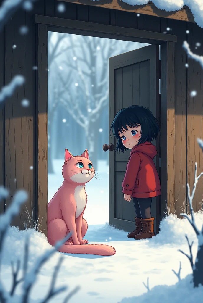 A light pink-furred cat with piercing blue eyes in the snow, with a young girl with black hair and both in a hut and girl closed the door
