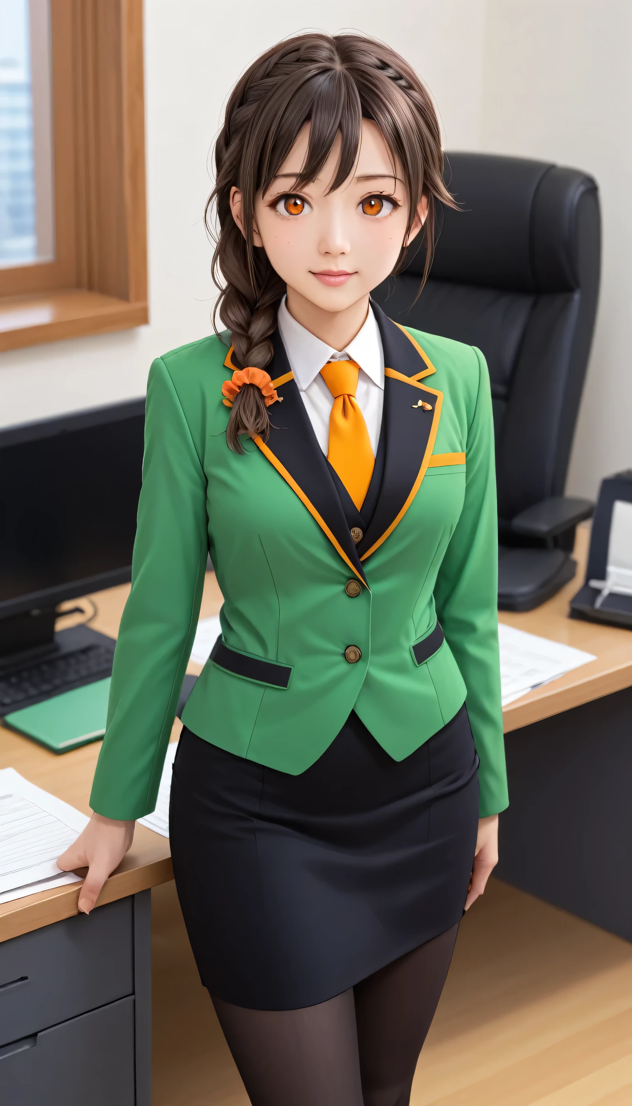 score_9, score_8_up, score_7_up, source_anime, best quality, masterpiece, office,
human, solo, sosenkawa chihiro, cosChihhi, brown hair, orange eyes, side braid, red scrunchie, green jacket, black pantyhose,  black pencil skirt, yellow necktie, three-piece suit, blazer, waistcoat, double-breasted suit jacket
