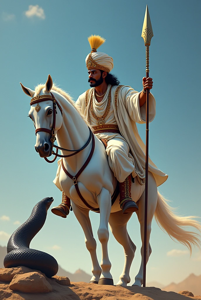 Create an image of Tejaji Maharaj with a traditional and decorative Rajasthani turban on his head. He should have a shining spear in his hand which is shiny and impressive. Tejaji Maharaj is wearing white clothes, which shows his royal dignity. They have white, shiny shoes on their feet. He should ride on a white horse, which shows his bravery and valor.He has only mustaches on his face, which shows his strength and courage. The background should have a blue sky, giving the picture an open and spacious perspective.
A black snake strikes Tejaji Maharaj's spear and bites Tejaji's mouth.