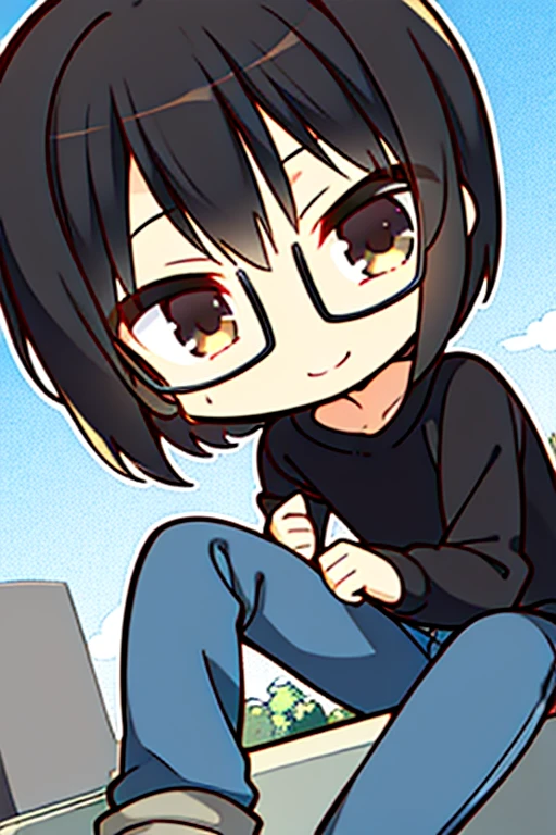 Perfect face. Perfect hands. A black haired boy with light brown eyes and short hair and glasses in a sweatshirt and jeans is smiling while leaning forward in the cemetery