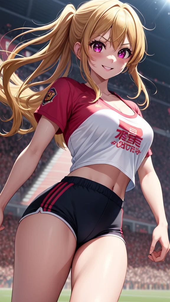 anime, Beautiful Face, Highly detailed face, two exact legs, Pink fine eyes, Highly detailed background, Perfect lighting, Accurate weapons, Accurate hands, Accurate Fingers, Blonde, whole body, One person, alone, Ruby Hoshino, oshi no ko, The absurdity of the outdoors, High resolution, Super sharp, 8k, masterpiece, look at the other person, (whole body:1.4), Teasing Smile, Tight football T-shirt, Tight sports shorts, 誰かとsoccerをする, Cleavage, on a soccer pitch, Running towards the audience, soccer