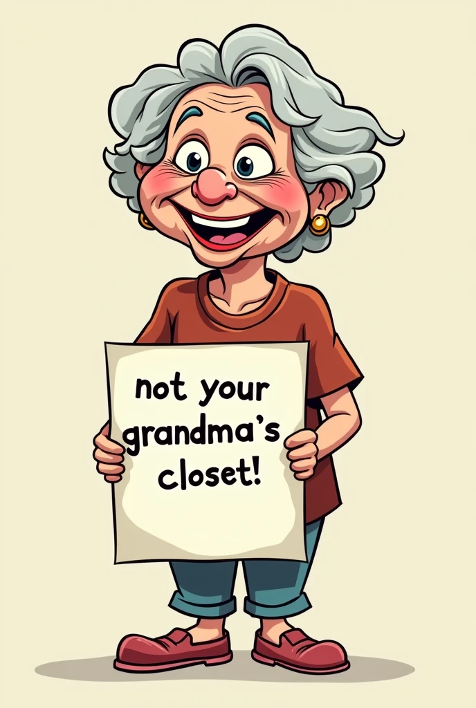 Cartoon logo of a very old grandmother wearing loose louis vuitton tshirt while holding a white paper that says “Not Your Grandma’s Closet”