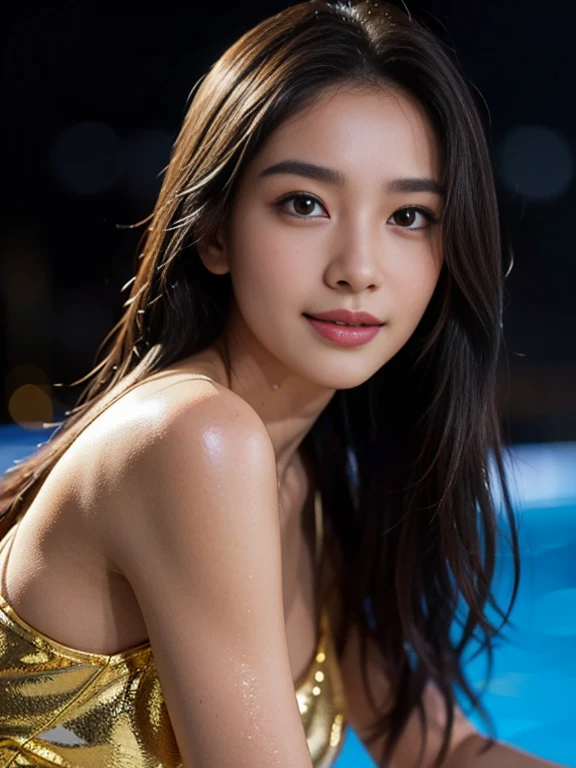 Latex bodysuit、Knee-high boots、Huge 、Long brown hair、Shiny, Oily skin、Glowing Skin、Indoor competition pool、White skin、 Body Portrait, 8k, Narrow and beautiful eyes, Dindal effect, masterpiece, 最high quality, high quality, High resolution, Very detailed photos, (Natural skin texture, Fine skin, Hyperrealism, Ultra Sharpness) , Skin with attention to detail, (Very fine, Fine skin texture, Intricate details, Beautiful Face, (A vivid face), Realistic eyes, Beautiful and detailed, Realistic Skin, Beautiful Skin, surreal, Very detailed, Golden Ratio, Smiling Eyes, ((Night moonlight background)), Body Portrait, glamorous, Shiny Bodysuit