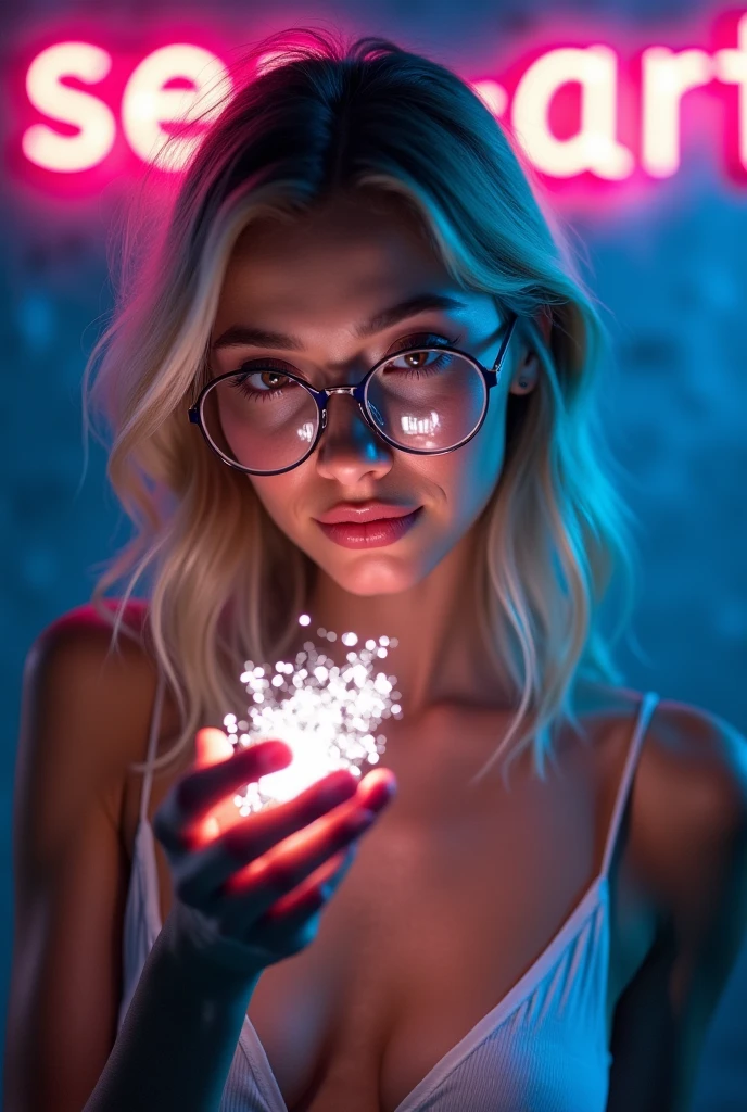 A portrait of a Khazakstan beautiful young woman holds light particles in front of her face in dark room with both hands and show it to the viewer, in front of a dark grey wall with the words "SeaArt" written in neon behind her, Sea in pink color neon and Art in blue color neon. (Create a bright pink and blue ambience light in a room). She is wearing a white low cut camisole, titanium frame round glasses, (light particles reflecting on the glasses), (she's looking at the light particles and smile), slender body, sexy body, indoor, light blond long wavy hair, sexy moist lips, beautiful brown eyes. Highly detailed, intricate detailed, ultra sharp focus, (low contrast), dreamy, close up photo, pink and blue ambience neon light, diamond dust surround it, realistic depiction of light, light magenta 