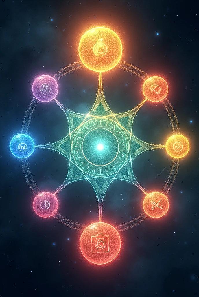 shows the ten sefirot of the Hebrew Kabbalah, The Tree of Life ,like bright spheres floating in space, Each with a distinctive color and symbol.