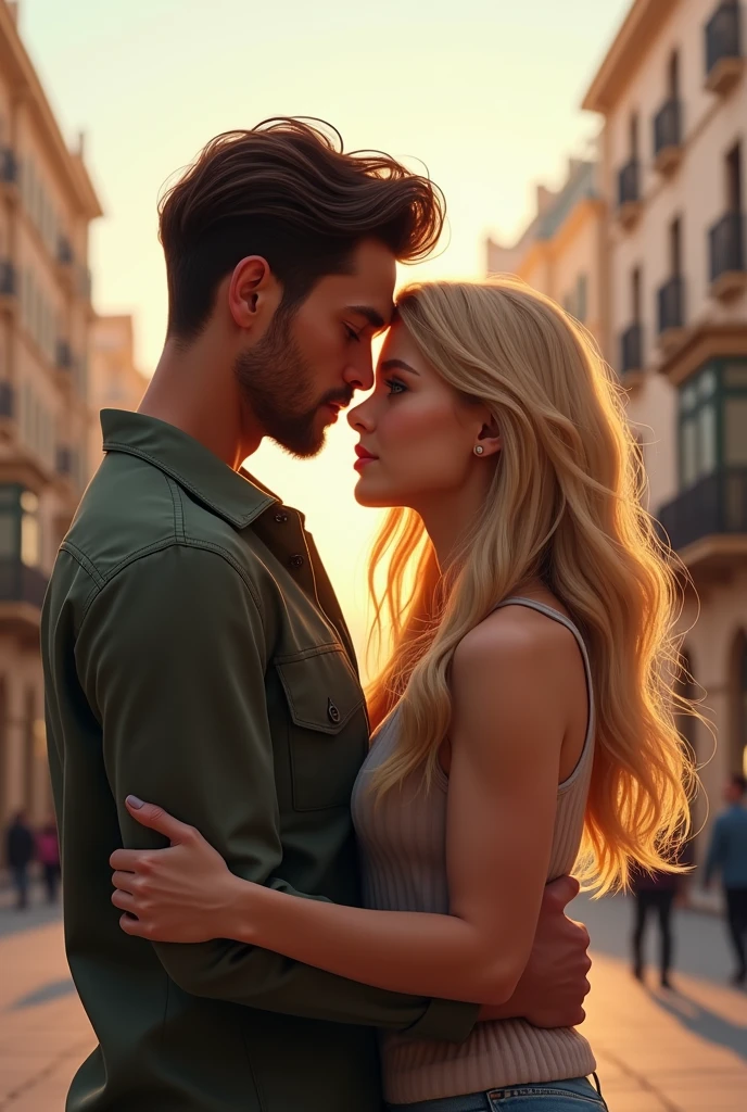 A couple he brown hair and eyes she blonde long hair green eyes hugging in Madrid 8k ultrarealistic photorealistic