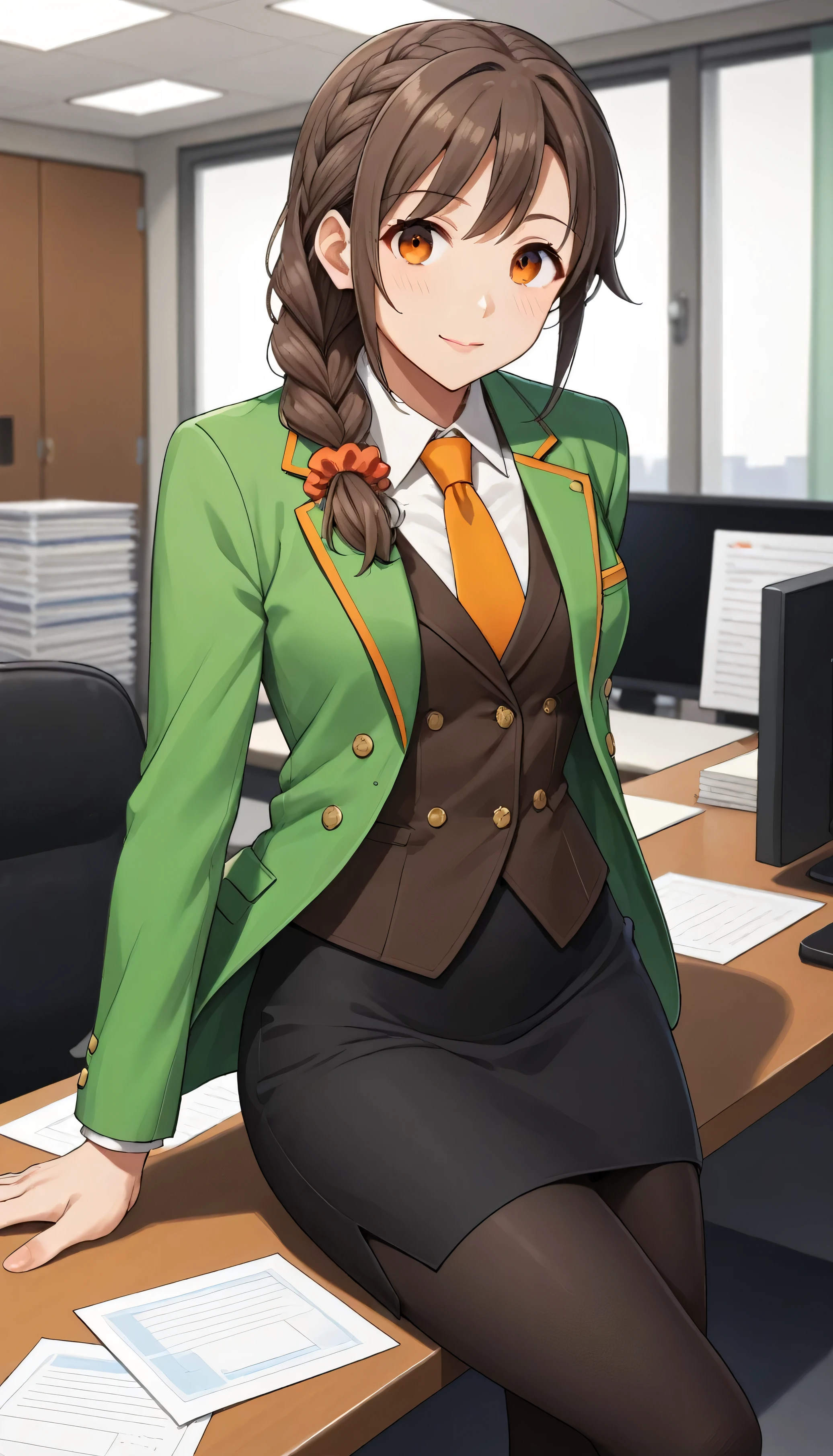 score_9, score_8_up, score_7_up, source_anime, best quality, masterpiece, office,
human, solo, sosenkawa chihiro, cosChihhi, brown hair, orange eyes, side braid, red scrunchie, green jacket, black pantyhose,  black pencil skirt, yellow necktie, three-piece suit, blazer, waistcoat, double-breasted suit jacket
