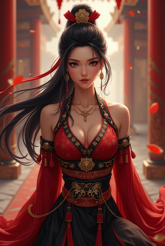 female character with long black hair tied in a ponytail with a red ribbon, red, black and gold oriental clothing